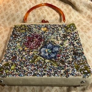 Soure' New York Bag, Very Large, Floral Needlepoint, Lucite Tortoiseshell Handle